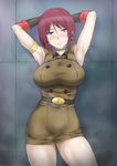  1girl armband armpits arms_up belt black_beat blush breasts choker earrings embarrassed female hips indoors jewelry king_of_fighters large_breasts red_eyes red_hair short_hair smell snk solo standing steam sweat thigh_gap thighs wall whip_(kof) 