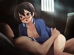  1girl black_eyes black_hair blush bottomless cowgirl_position girl_on_top glasses k-on! legs looking_down lying manabe_nodoka nude open_clothes open_mouth saliva sex short_hair sitting sitting_on_person straddling sunlight sweat thighs vaginal 