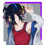  1boy absurdres adjusting_hair black_hair commentary_request hands_up hei_tai_(kyaputen1) highres jacket kieran_(pokemon) looking_down male_focus mole mole_on_neck open_clothes open_jacket outline own_hands_together pokemon pokemon_sv red_shirt shirt sleeveless sleeveless_shirt solo upper_body watermark yellow_eyes 