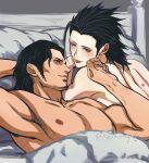  2boys absurdres angeal_hewley arm_behind_head beard black_hair blue_eyes blush chinstrap_beard couple crisis_core_final_fantasy_vii cross_scar facial_hair final_fantasy final_fantasy_vii hair_slicked_back hand_on_another&#039;s_cheek hand_on_another&#039;s_face hickey highres light_smile looking_at_another lying male_focus medium_hair multiple_boys on_stomach pale_skin pillow reclining scar scar_on_cheek scar_on_face shakunage1 sideburns tan topless_male twitter_username under_covers upper_body yaoi zack_fair 