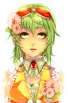  bad_id bad_pixiv_id bangs bare_shoulders domco flower goggles goggles_on_head green_eyes green_hair gumi hair_flower hair_ornament heart open_mouth solo vocaloid 