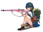  arisaka backpack bad_id bad_tinami_id bag bangle bolt_action boombox bottle bracelet gun hello_kitty helmet highres jewelry junjun_(miniminitomato) lunchbox panties peace_symbol rifle school_uniform serafuku shovel simple_background smiley_face solo star underwear water_bottle weapon 