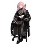  1girl arknights black_boots black_dress black_jacket boots cleavage_cutout clothing_cutout detached_wings dress energy_wings flower flower_in_gun full_body gun halo holding holding_gun holding_weapon interlocked_fingers iris_yi jacket lace-up_boots lemuen_(arknights) long_dress long_hair looking_at_viewer official_alternate_costume official_art pink_eyes pink_hair rifle scope simple_background sitting sniper_rifle solo tachi-e third-party_source transparent_background very_long_hair weapon wheelchair white_flower wings 