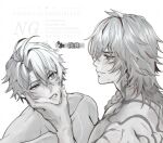  2boys antenna_hair back_tattoo blue_eyes blush braid chest_tattoo commentary_request greyscale hair_between_eyes hand_on_another&#039;s_cheek hand_on_another&#039;s_face honkai:_star_rail honkai_(series) hukami_dori male_focus medium_hair monochrome multiple_boys mydei_(honkai:_star_rail) phainon_(honkai:_star_rail) short_hai shoulder_tattoo side_braid simple_background spot_color tattoo topless_male watermark white_background yaoi 