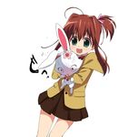  :d a1 absurdres ahoge blush brown_hair bunny green_eyes highres hug jewelpet_(series) jewelpet_twinkle open_mouth pleated_skirt ruby_(jewelpet) sakura_akari school_uniform side_ponytail simple_background skirt smile veins 