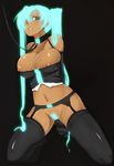  areola_slip artist_request black_thighhighs bondage breasts dark_skin garter green_eyes hatsune_miku huge_breasts kneeling latex maebari niplees nipple_slip nipples nude saliva tanned thighhighs vocaloid 