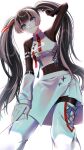  1girl absurdres backlighting black_bodystocking black_hair blue_eyes blunt_bangs blunt_sidelocks bodystocking boots breasts commentary_request grey_hair hair_flip half-skirt halter_shirt halterneck hand_in_own_hair hand_on_own_thigh highres hololive hololive_dev_is juufuutei_raden juufuutei_raden_(regloss_uniform) layered_skirt leaning_forward long_hair medium_breasts medium_skirt miniskirt multicolored_hair official_alternate_costume official_alternate_hairstyle overexposure shirt sidelocks simple_background skirt sleeveless sleeveless_turtleneck solo streaked_hair sya0_ma0 thigh_boots turtleneck twintails two-tone_hair very_long_hair virtual_youtuber white_background white_boots white_shirt 