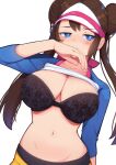 1girl absurdres black_bra black_pantyhose blue_eyes blue_sleeves bra breasts bright_pupils brown_hair clothes_lift commentary covering_own_mouth donut_hair_bun double_bun ghelber0 hair_bun highres lace lace_bra large_breasts long_hair looking_at_viewer navel pantyhose pantyhose_under_shorts pokemon pokemon_bw2 raglan_sleeves rosa_(pokemon) shirt_lift shorts simple_background solo stomach symbol-only_commentary twintails underwear upper_body visor_cap white_background white_pupils yellow_shorts 