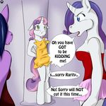  anthro anthrofied blue_eyes breasts candiipup clothing comic cub dialog english_text equine female friendship_is_magic fur green_eyes hasbro hooves horn horse mammal my_little_pony pony purple_fur rarity_(mlp) sweetie_belle_(mlp) text torn_clothing twilight_sparkle_(mlp) unicorn white_fur young 
