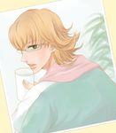  bad_id bad_pixiv_id barnaby_brooks_jr blonde_hair cup glasses green_eyes male_focus milk photo_(object) plant solo tiger_&amp;_bunny towel zaberou 
