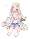  1girl arm_support bare_legs blonde_hair blush camisole colored_eyelashes commentary denim denim_shorts earrings fingernails flipped_hair full_body gakuen_idolmaster gradient_hair grey_hair head_tilt highres idolmaster jewelry long_hair looking_at_viewer multicolored_hair orange_eyes robe rope_belt shinosawa_hiro shoes short_shorts shorts simple_background sitting solo strap_slip stud_earrings sweat tamagogayu1998 translation_request twitter_username very_long_hair wariza white_background white_camisole white_robe white_shoes 