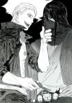  2boys anger_vein black_jacket earrings greyscale hashtag-only_commentary hidan_(naruto) highres holding holding_knife jacket jewelry kakuzu_(naruto) knife long_hair looking_at_another male_focus mask monochrome multiple_boys naruto_(series) naruto_shippuuden necklace open_mouth qwerl shirt short_hair smile white_shirt 