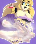  5_toes anthro barefoot bear blue_eyes bodily_fluids breasts brown_body brown_fur brown_hair colored_nails eyeshadow fan_character feet female five_nights_at_freddy&#039;s foot_fetish foot_focus freckles fredbear_(fnaf) fredbear_(lesangd_tw) fur hair hi_res humanoid_feet lesangd_tw lipstick makeup mammal musk musk_clouds musky_feet nails plantigrade purple_eyeshadow purple_lipstick purple_nails scottgames smelly smelly_feet soles solo steamy_feet stink_fumes sweat sweaty_feet toes 