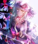  2girls back-to-back black_background blonde_hair bow breasts bug butterfly cleavage commentary_request danmaku disembodied_eye dress gap_(touhou) gradient_background greek_text grey_dress hat hat_ribbon long_hair magic_circle mob_cap multiple_girls neck_ribbon pink_butterfly pink_hair puffy_short_sleeves puffy_sleeves purple_dress red_bow red_butterfly red_eyes red_ribbon ribbon saigyouji_yuyuko see-through_clothes see-through_sleeves short_hair short_sleeves touhou white_background white_hat yakumo_yukari yellow_eyes zukapin 