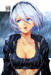  1girl 2b_(nier:automata) alternate_costume artist_logo black_hairband black_jacket black_sports_bra blue_eyes border breasts cleavage collarbone commentary facing_viewer grey_hair hair_between_eyes hairband highres jacket letterboxed lips logo medium_breasts nier:automata nier_(series) no_blindfold parted_lips partially_unzipped rain short_hair sideways_glance skaggshood solo sports_bra upper_body white_border 