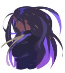  1girl absurdres black_hair black_jacket breasts ch_walnut closed_mouth dark-skinned_female dark_skin from_side geeta_(pokemon) highres jacket jewelry long_hair looking_down neck_ribbon pokemon pokemon_sv ribbon school_uniform shirt simple_background solo upper_body white_background 