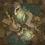  1boy 1girl blue_cloak blue_robe blush book boots bracer breasts circlet cloak d_d_work dragon_quest dragon_quest_iii dress full_body gloves glowing hair_between_eyes head_on_hand highres long_hair lying medium_breasts on_back pants robe sage_(dq3) short_dress short_hair too_many too_many_books white_dress white_pants yellow_boots yellow_gloves 