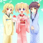  :d alternate_costume blonde_hair blue_kimono blush brown_hair checkered checkered_kimono chestnut_mouth drill_hair fang floral_print hair_ornament japanese_clothes kimono long_hair luna_child multiple_girls niiya obi open_mouth pink_kimono pinwheel print_kimono purple_eyes red_eyes sash shaved_ice short_hair smile star_sapphire sunny_milk touhou yellow_eyes yellow_kimono yukata 