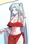  1girl absurdres alcohol angela_(project_moon) bikini blue_hair breasts champagne cleavage closed_eyes closed_mouth cup highres holding holding_cup jjong_(7_jjong_9) large_breasts lobotomy_corporation long_hair looking_at_viewer navel one_side_up parted_bangs project_moon red_bikini red_sarong sarong simple_background solo standing swimsuit upper_body white_background 