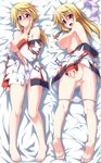  ass barefoot bed_sheet blonde_hair breasts charlotte_dunois covering covering_crotch dakimakura feet hair_down hair_ribbon infinite_stratos jewelry kneepits large_breasts long_hair long_legs lying mikagami_sou multiple_views nipples on_back on_stomach open_clothes open_mouth panties panty_pull pendant purple_eyes pussy ribbon soles topless underwear uniform 