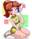  1girl absurdres aqua_trim bare_shoulders blue_eyes breasts brown_hair can closed_mouth crop_top drink_can earrings flower_earrings hat highres holding holding_can hoshinokotta jewelry long_hair looking_at_viewer mario_(series) mario_kart mario_kart_world midriff navel official_alternate_costume one_eye_closed orange_shorts orange_sports_bra ponytail princess_daisy princess_daisy_(swimwear)_(mario_kart_world) sandals shorts sitting soda_can solo sports_bra sweat sweatdrop unworn_hat unworn_headwear wariza white_hat yellow_shorts yellow_sports_bra 
