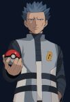  1boy black_shirt closed_mouth cyrus_(pokemon) frown highres holding holding_poke_ball logo long_sleeves male_focus nakikot_t poke_ball poke_ball_(basic) pokemon pokemon_dppt shirt short_hair solo spiked_hair team_galactic upper_body vest 
