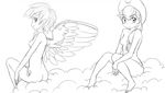  applejack ass barefoot blush breasts cloud cowboy_hat greyscale hat long_hair low-tied_long_hair medium_breasts monochrome multiple_girls my_little_pony my_little_pony_friendship_is_magic no_nipples nude personification rainbow_dash rinrin_(artist) short_hair sitting sketch smile tattoo western wings 
