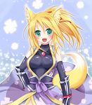  animal_ears blonde_hair breasts dog_days fox_ears fox_tail green_eyes japanese_clothes medium_breasts open_mouth smile solo tail tougo yukikaze_panettone 
