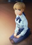  1girl absurdres ahoge artoria_pendragon_(fate) black_pantyhose blonde_hair blue_ribbon blue_skirt braid casual closed_mouth commentary ehe02750888 english_commentary fate/stay_night fate_(series) hair_ribbon highres indoors long_sleeves looking_at_viewer neck_ribbon pantyhose ribbon saber_(fate) shirt short_hair sitting skirt smile solo white_shirt wooden_floor 