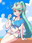  1girl absurdres beach bikini bikini_under_clothes black_bikini blue_shirt blue_sky blush breasts chest_jewel cloud collarbone core_crystal_(xenoblade) cropped_shirt cup drinking_straw gem green_eyes green_hair hat high_ponytail highres holding holding_cup hoshinokotta large_breasts long_hair looking_at_viewer ocean open_mouth outdoors pneuma_(xenoblade) ponytail shirt short_sleeves shorts sitting sky smile solo swimsuit teeth upper_teeth_only very_long_hair visor_cap white_shorts xenoblade_chronicles_(series) xenoblade_chronicles_2 
