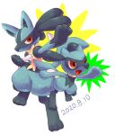  1other dated full_body furry highres lucario no_humans open_mouth outstretched_arm pokemon pokemon_(creature) red_eyes riolu simple_background white_background y_m_10kas 