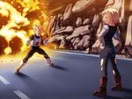  1girl android_18 angry blonde_hair boots dragon_ball dragon_ball_z explosion fire hand_on_hip panties pantyhose shirt striped striped_panties striped_shirt super_saiyan tasaka_shinnosuke torn_clothes torn_legwear underwear vegeta 