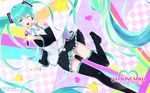  aqua_eyes aqua_hair aqua_nails bad_id bad_pixiv_id checkered checkered_background detached_sleeves hatsune_miku headset heart highres kazeno long_hair microphone nail_polish navel necktie one_eye_closed panties skirt solo star striped striped_panties thighhighs twintails underwear very_long_hair vocaloid wallpaper 