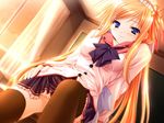  blonde_hair blue_eyes game_cg hairband lolita_hairband long_hair moekibara_fumitake nursery_rhyme school_uniform sitting skirt smile solo thighhighs tita_flawless_brandt zettai_ryouiki 