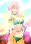  bikini breasts final_fantasy final_fantasy_xiii large_breasts lightning_farron long_hair midriff navel p-kana pink_hair solo swimsuit 