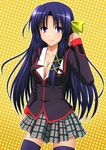  absurdres blue_hair breasts cleavage highres kurugaya_yuiko little_busters! long_hair medium_breasts plaid plaid_skirt purple_eyes sazaki_hiyoru school_uniform skirt solo thighhighs 