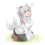  abekawa animal_ears arm_support blush breasts detached_sleeves ear_wiggle hat inubashiri_momiji kneeling large_breasts looking_up open_mouth red_eyes short_hair silver_hair solo tail tail_wagging tokin_hat touhou v_arms wolf_ears wolf_tail 