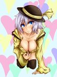  bad_id bad_pixiv_id blue_eyes breasts cleavage downblouse hat komeiji_koishi large_breasts redeye_(artist) short_hair silver_hair solo thighhighs touhou 