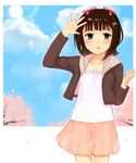  amami_haruka blush bow brown_hair cherry_blossoms cloud day green_eyes hair_bow hair_ribbon himetsuba idolmaster idolmaster_(classic) md5_mismatch open_mouth ribbon short_hair skirt sky solo tree 