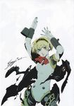  absurdres aegis_(persona) android blonde_hair blue_eyes bow highres jacket official_art persona persona_3 ribbon robot_joints scan short_hair soejima_shigenori solo torn_clothes 