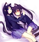  akiyama_mio animal_ears aobara black_hair blue_eyes cat_ears cat_tail fang k-on! long_hair lying multiple_girls nakano_azusa red_eyes school_uniform tail twintails 