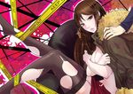  armchair bangs black_legwear borrowed_garments breasts brown_eyes brown_hair caution_tape chair closed_mouth covering durarara!! entangled from_side fur-trimmed_jacket fur_trim hands jacket jacket_on_shoulders jewelry jotaero keep_out knee_up leg_up long_hair long_sleeves looking_at_viewer medium_breasts miniskirt out_of_frame outline red_skirt ring sitting skirt solo_focus thighhighs topless torn_clothes torn_legwear white_outline yagiri_namie 