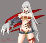  1girl across_breasts arc_system_works belt beltbra big_breasts blazblue bracelet breasts claws cleavage collar female gray_eyes gray_hair grey_eyes grey_hair jewelry large_breasts long_hair midriff pomgi scar short_shorts shorts solo tattoo under_boob underboob 