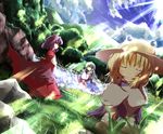  bad_id bad_pixiv_id closed_eyes cloud crossed_arms day dutch_angle grass highres hill kochiya_sanae light_rays moriya_suwako multiple_girls nature outdoors poppuru rock sky splashing squatting sun sunbeam sunlight touhou tree water yasaka_kanako 