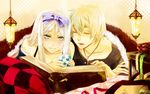  1girl apt axis_powers_hetalia bad_id bad_pixiv_id belarus_(hetalia) blanket blonde_hair blush book closed_eyes couple cup hair_ribbon hetero jewelry lamp necklace open_mouth ribbon united_kingdom_(hetalia) 