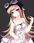  :p bakemonogatari bare_shoulders blonde_hair doughnut dress food goggles helmet long_hair moccy monogatari_(series) oshino_shinobu red_eyes solo strap_slip tongue tongue_out 