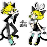  1girl animal_ears aqua_eyes blonde_hair brother_and_sister cat_ears formal gozen4ji hair_ornament hair_ribbon hairclip kagamine_len kagamine_rin necktie ribbon short_hair siblings simple_background suit twins vocaloid 