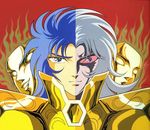  araki_shingo armor blue_hair cloth crazy_eyes creepy evil_eyes evil_face evil_smile gemini_saga golden grey_hair knights_of_the_zodiac looking_at_viewer male male_focus mask rape_face rapeface red_eyes saint_seiya siblings smile twins two_faces 