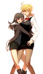  ahoge bad_id bad_pixiv_id black_hair blonde_hair boots bow bowtie breasts chanko_neru durarara!! genderswap genderswap_(mtf) green_eyes heiwajima_shizuo highres jacket large_breasts long_hair miniskirt multiple_girls orihara_izaya pantyhose pencil_skirt red_eyes shorts skirt vest 