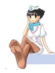  bad_feet bad_id bad_pixiv_id blush feet flight_attendant gyakuten_kenji gyakuten_saiban konomichi_ichiru pantyhose scarf socks solo sweat 